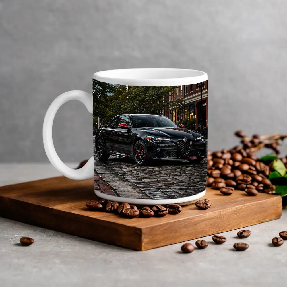 Alfa Romeo Giulia Black on Cobblestone Street – Mugs