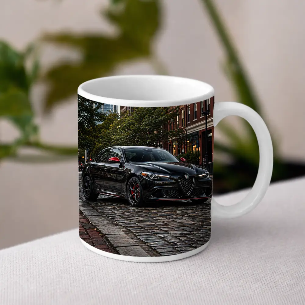 Alfa Romeo Giulia Black on Cobblestone Street – Mugs