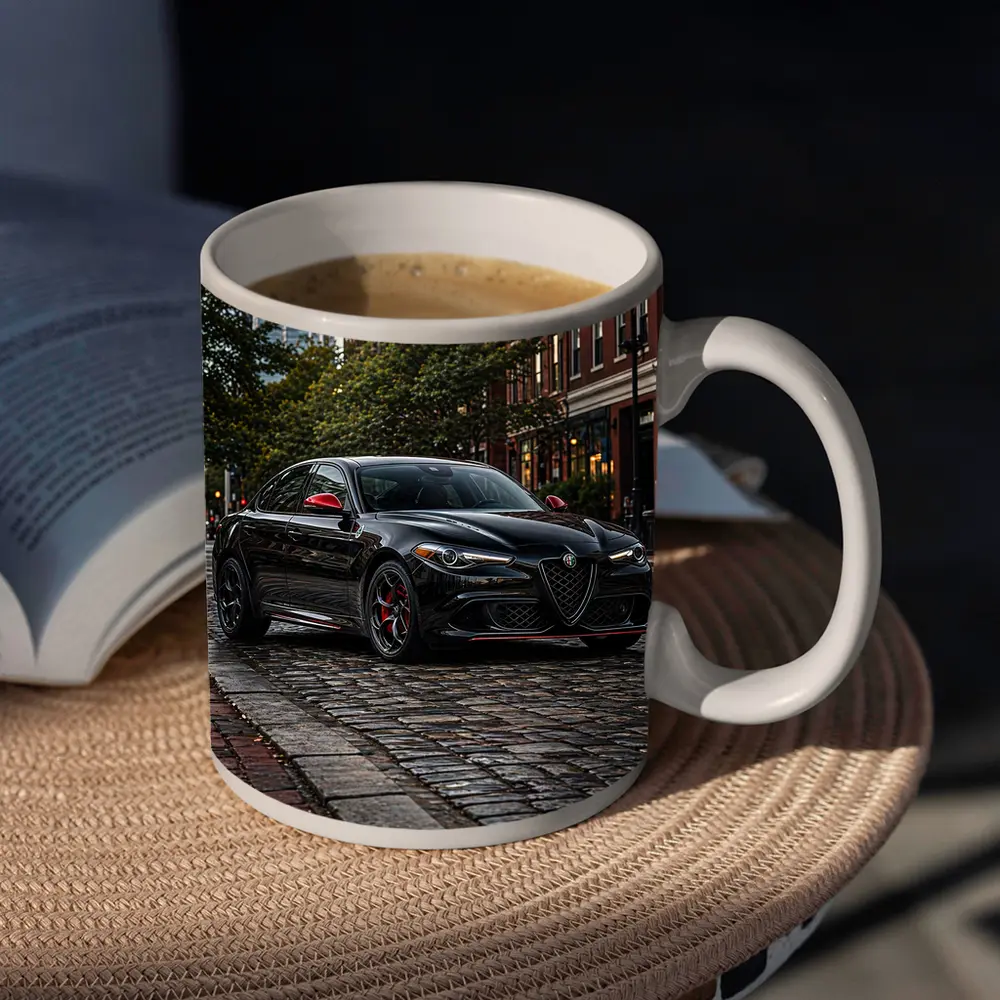 Alfa Romeo Giulia Black on Cobblestone Street – Mugs