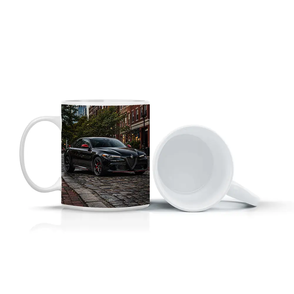 Alfa Romeo Giulia Black on Cobblestone Street – Mugs