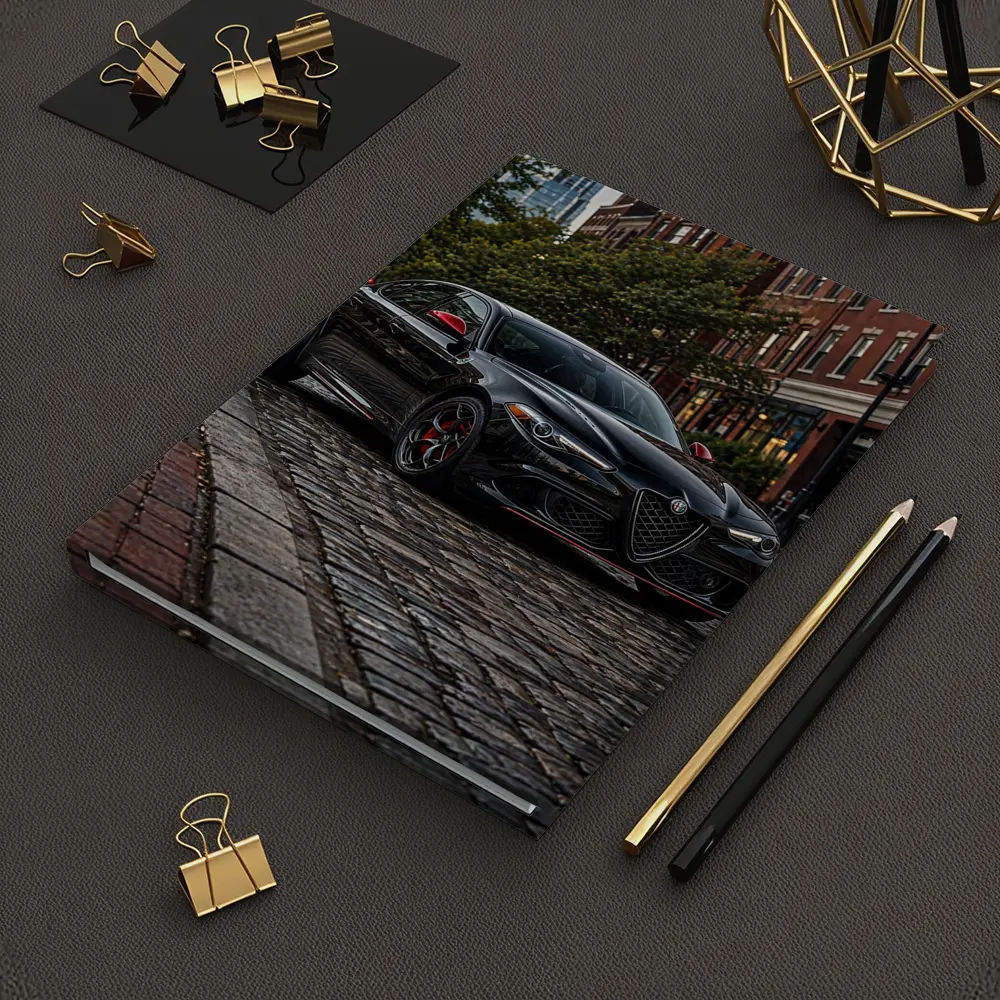 Alfa Romeo Giulia Black on Cobblestone Street – Notebooks