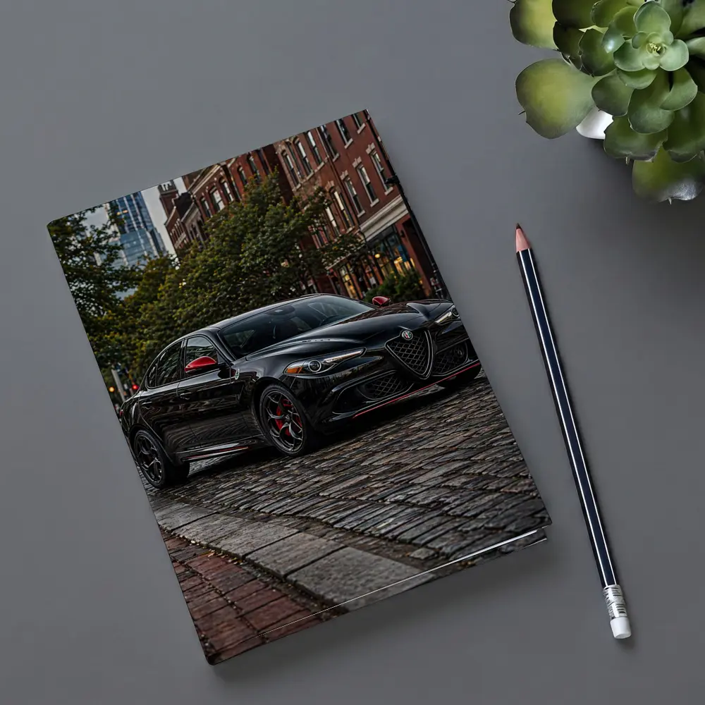 Alfa Romeo Giulia Black on Cobblestone Street – Notebooks