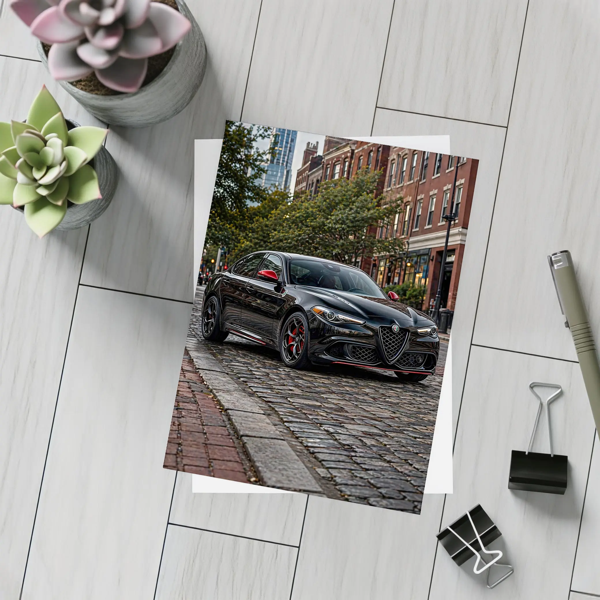 Alfa Romeo Giulia Black on Cobblestone Street – Postcards