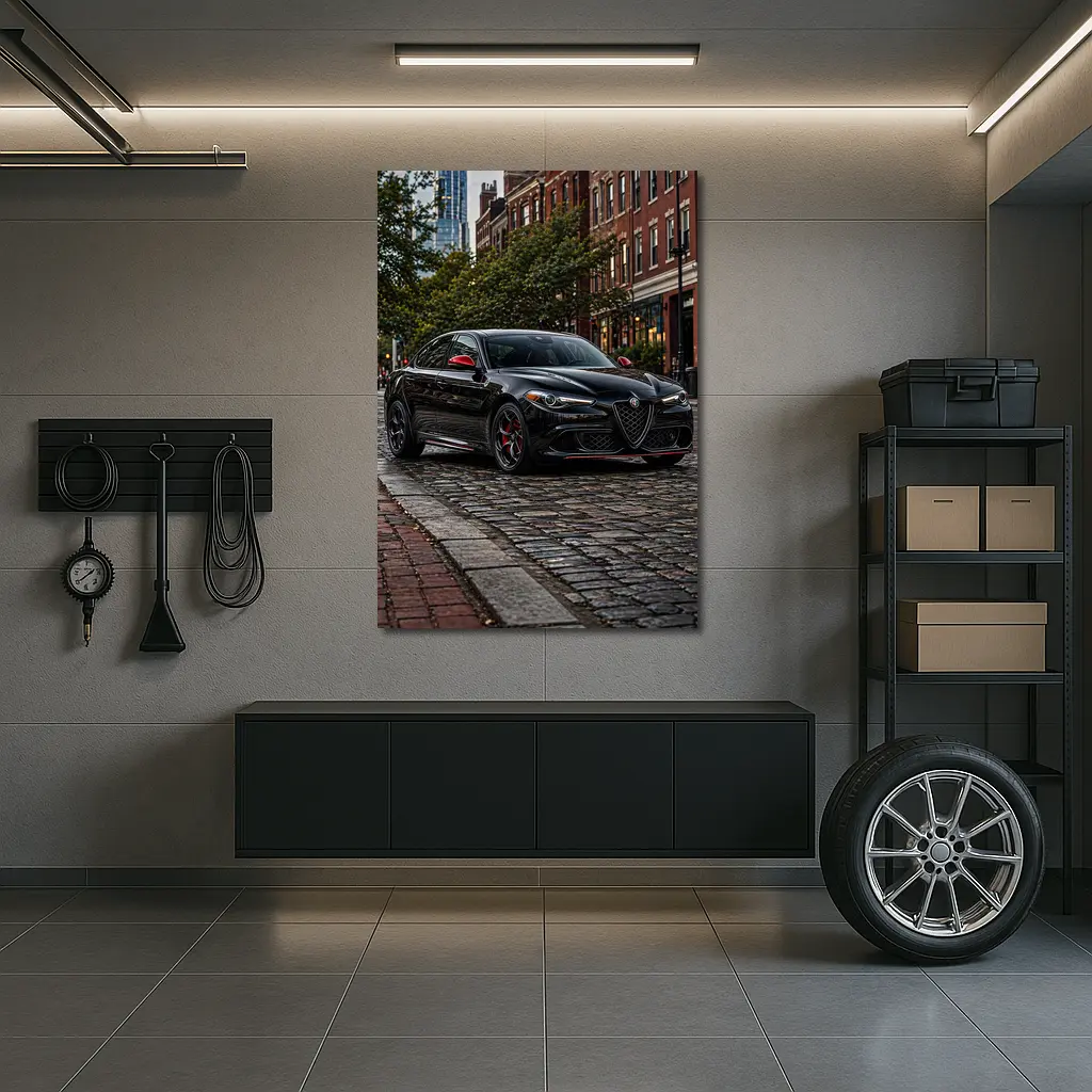 Alfa Romeo Giulia Black on Cobblestone Street – Wall Art