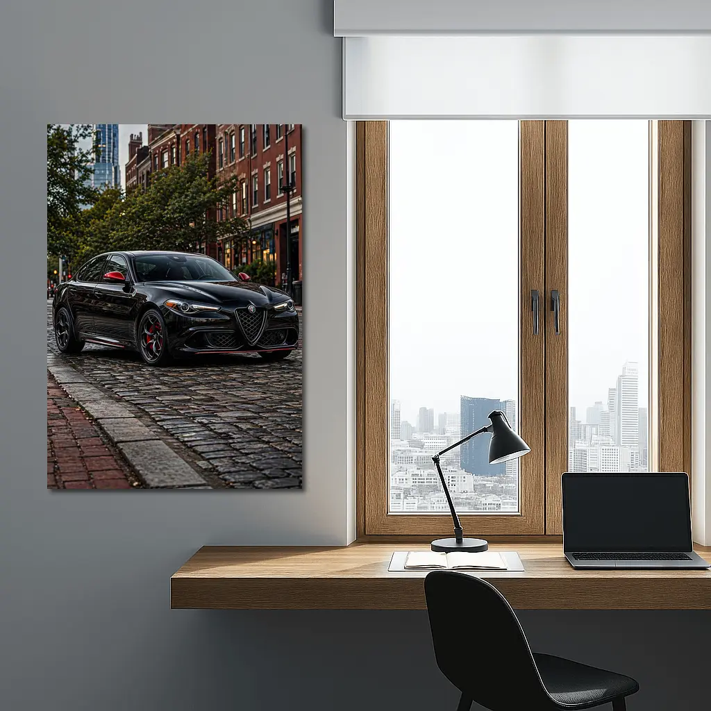 Alfa Romeo Giulia Black on Cobblestone Street – Wall Art