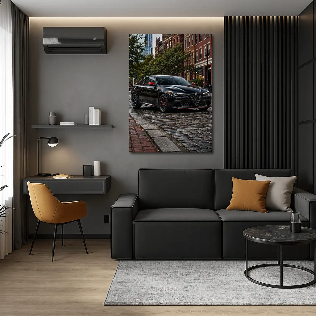 Alfa Romeo Giulia Black on Cobblestone Street – Wall Art