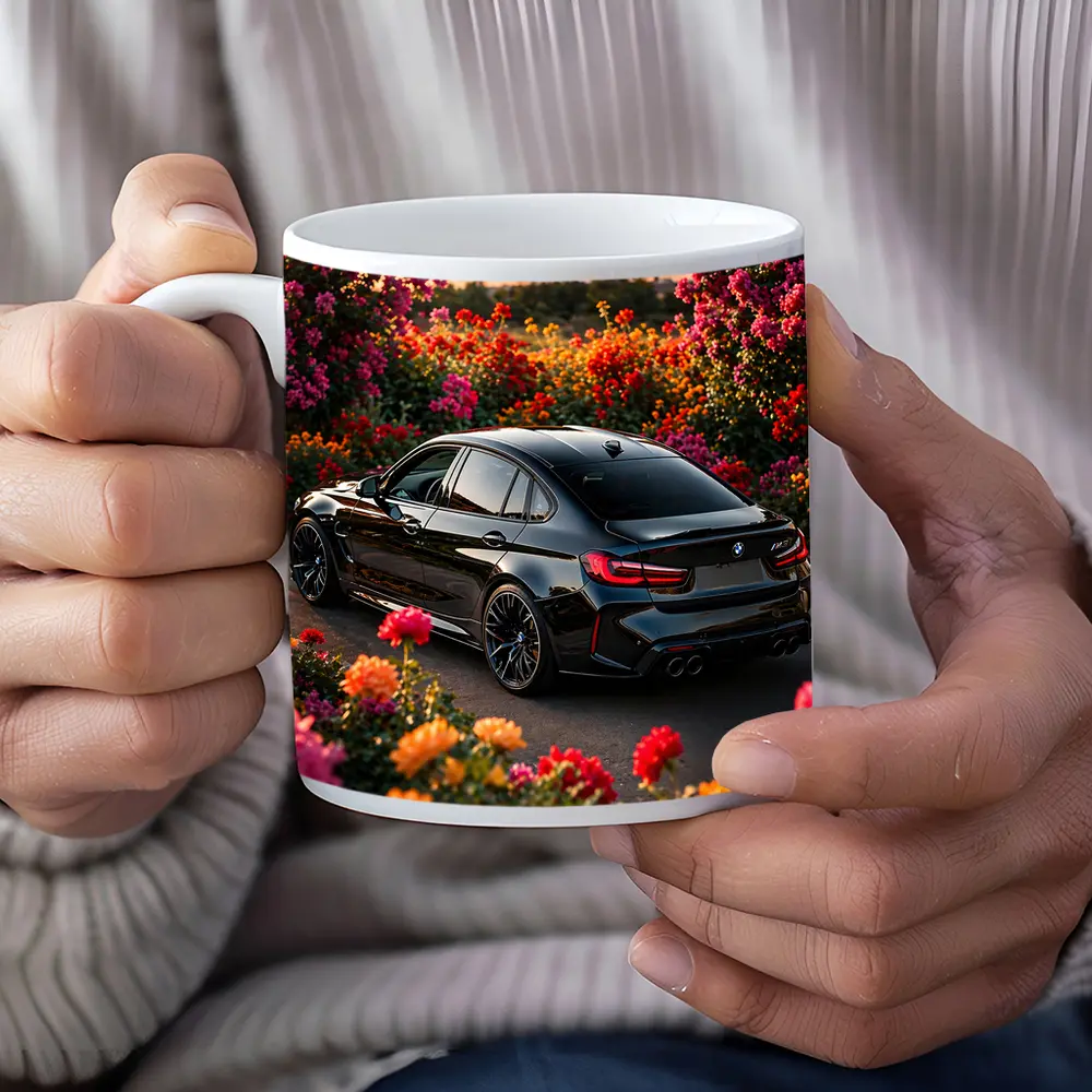 Black BMW M3 Surrounded By Colorful Flowers – Mugs