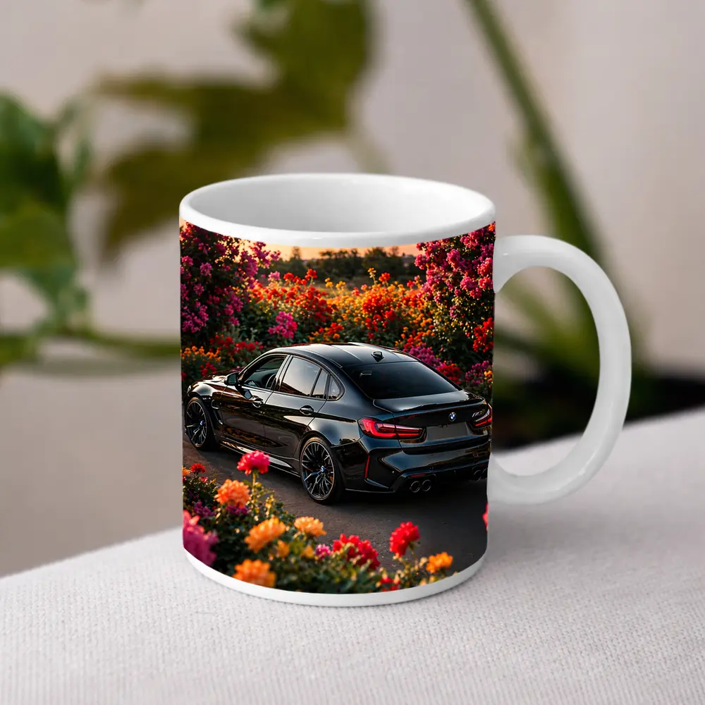 Black BMW M3 Surrounded By Colorful Flowers – Mugs