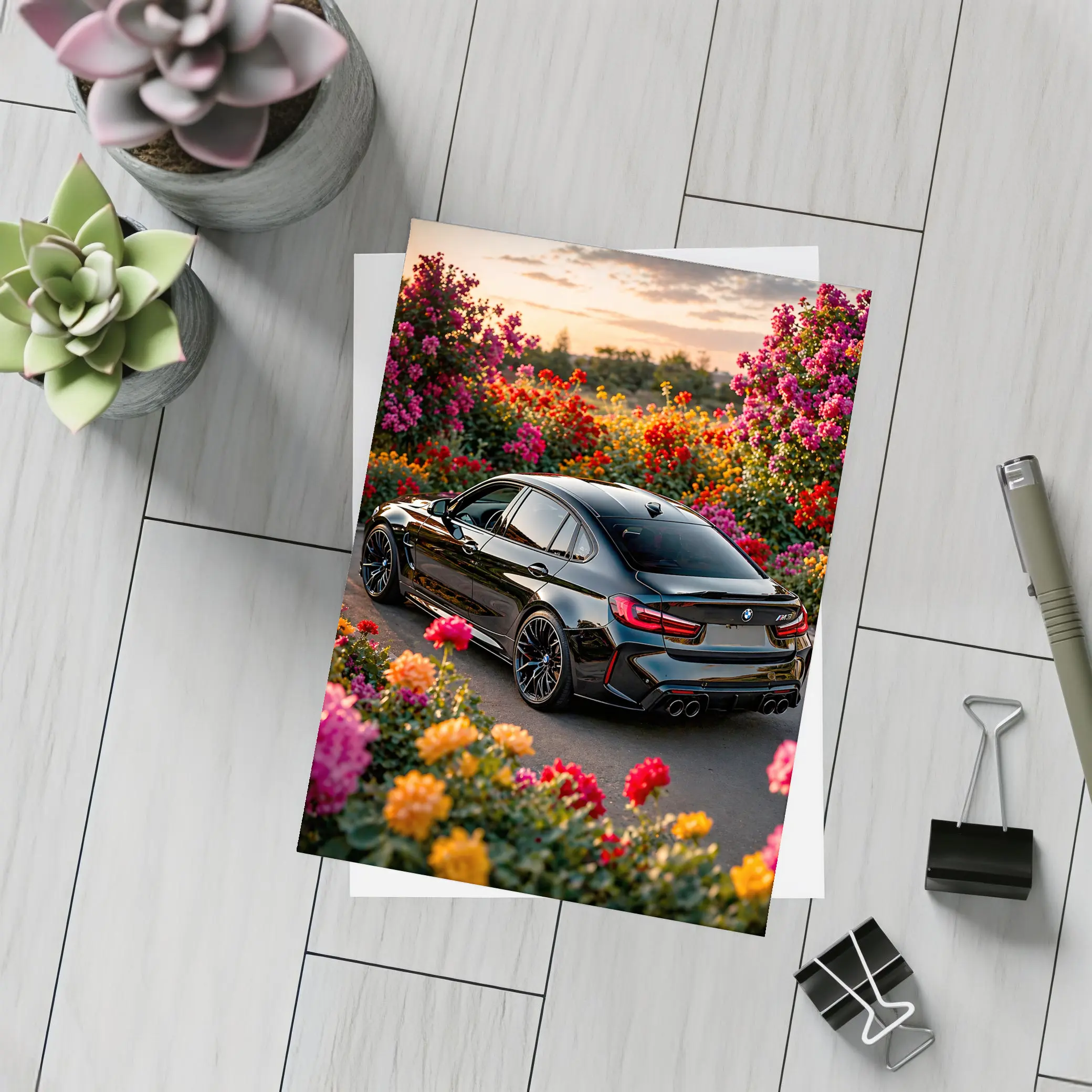 Black BMW M3 Surrounded By Colorful Flowers – Postcards