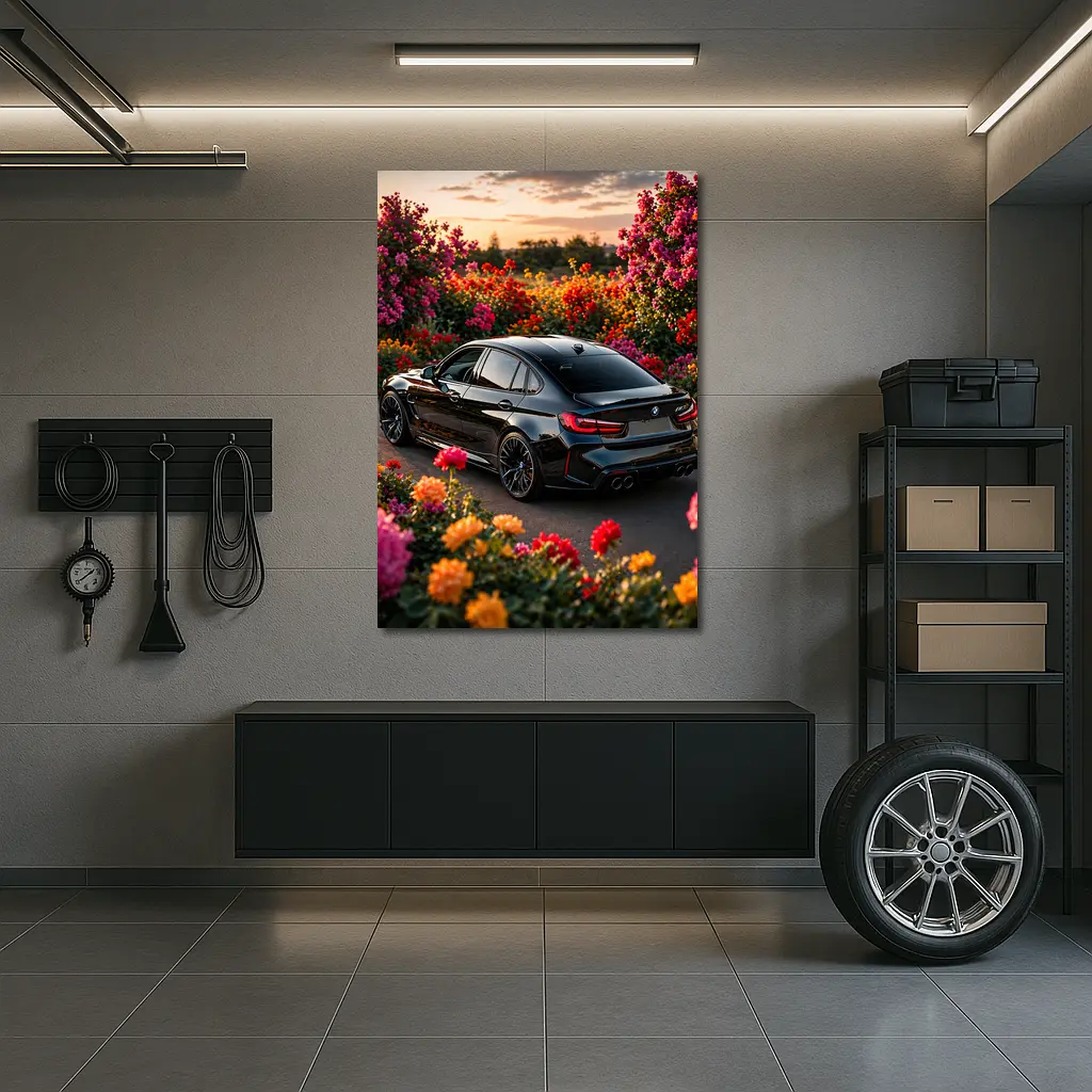 Black BMW M3 Surrounded By Colorful Flowers – Wall Art