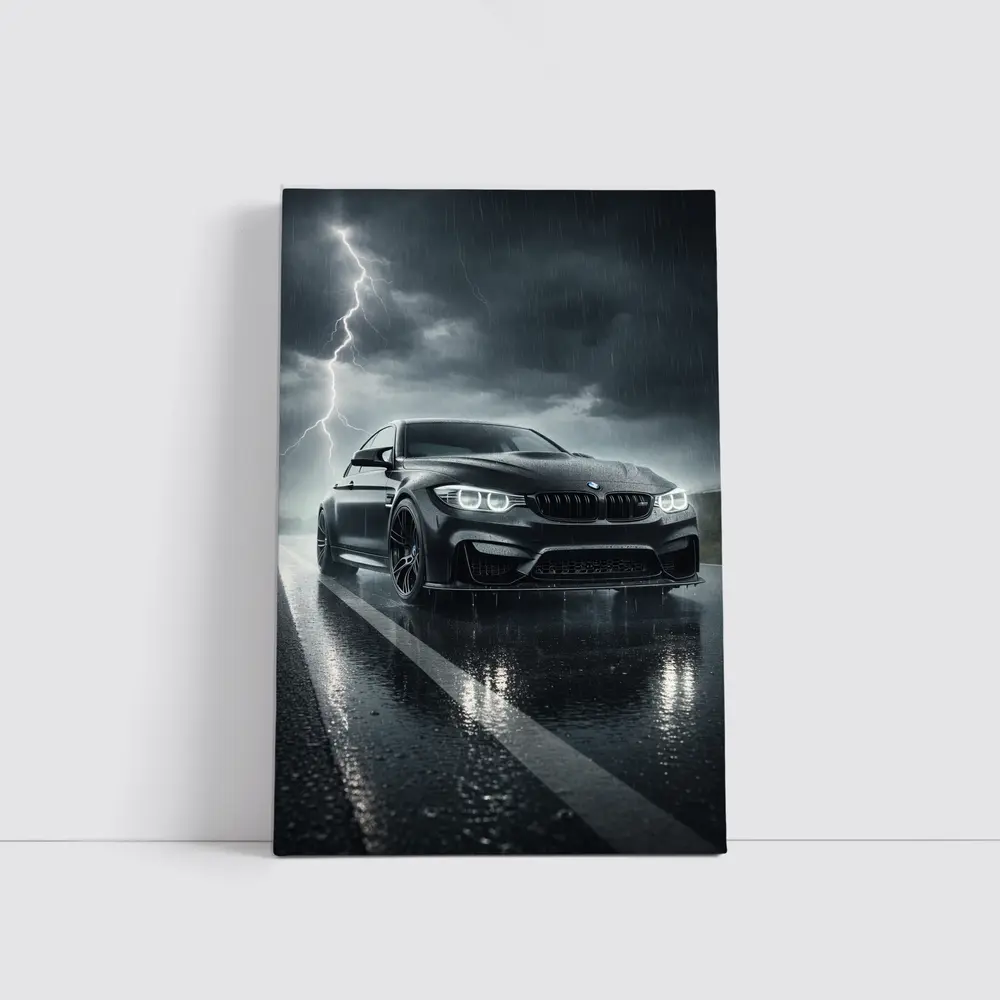 Black BMW M3 in Rainy Thunderstorm – Wall Art