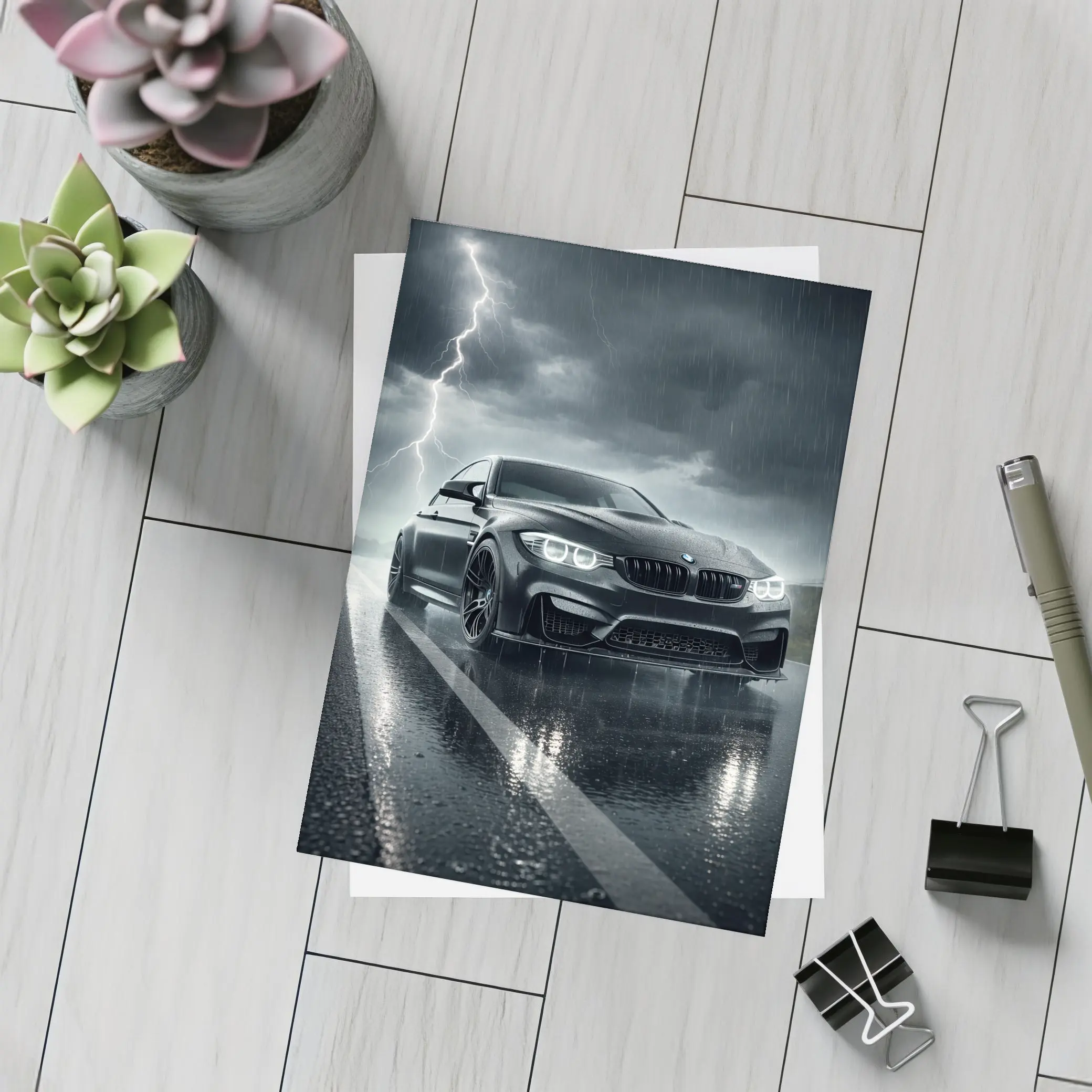 Black BMW M3 in Rainy Thunderstorm – Postcards