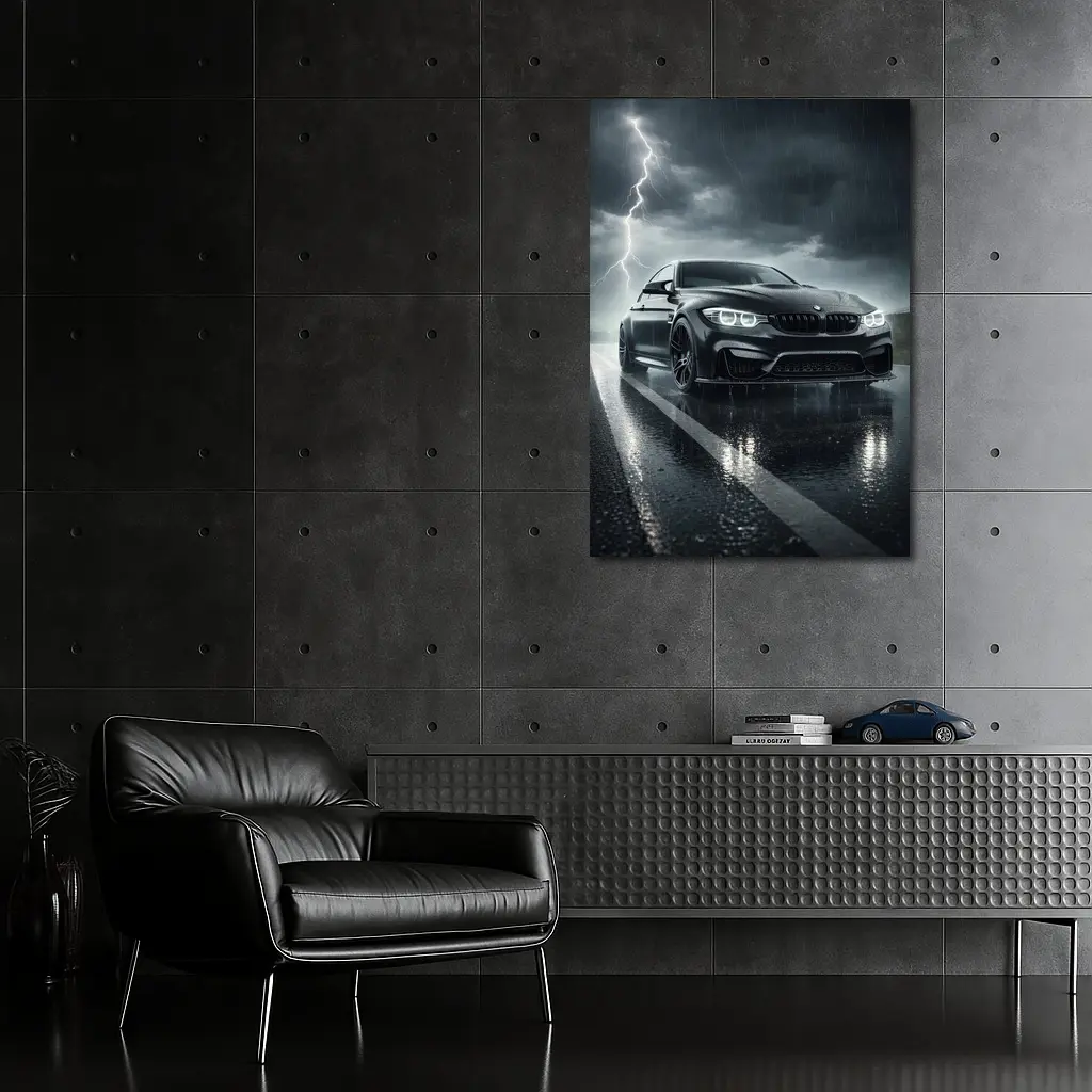 Black BMW M3 in Rainy Thunderstorm – Wall Art