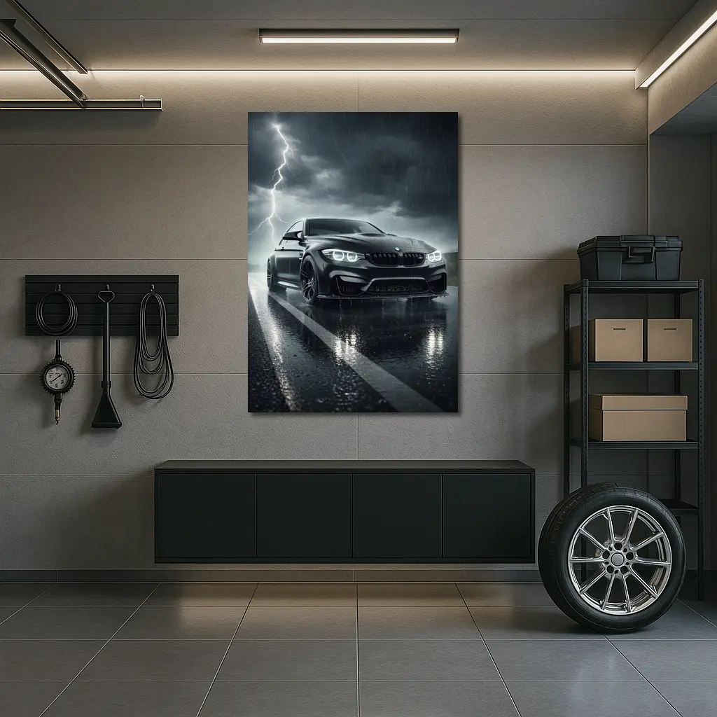 Black BMW M3 in Rainy Thunderstorm – Wall Art