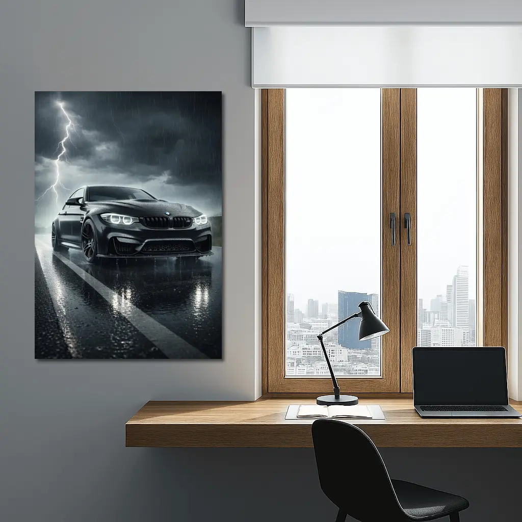Black BMW M3 in Rainy Thunderstorm – Wall Art