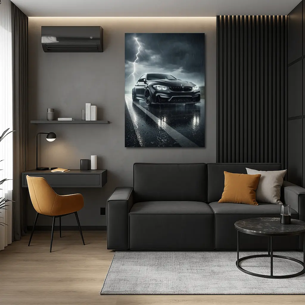 Black BMW M3 in Rainy Thunderstorm – Wall Art