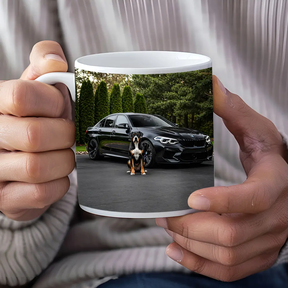 Black BMW M5 Sedan With Dog – Mugs