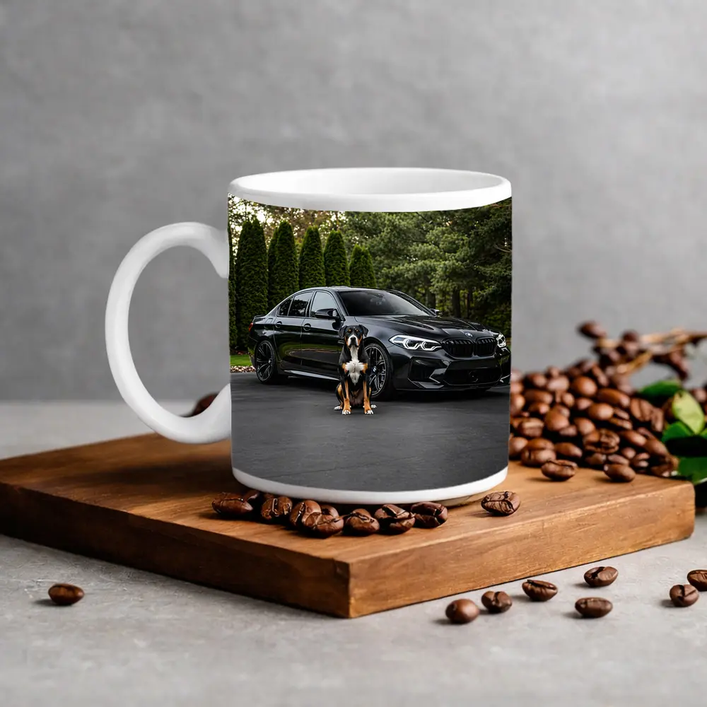 Black BMW M5 Sedan With Dog – Mugs