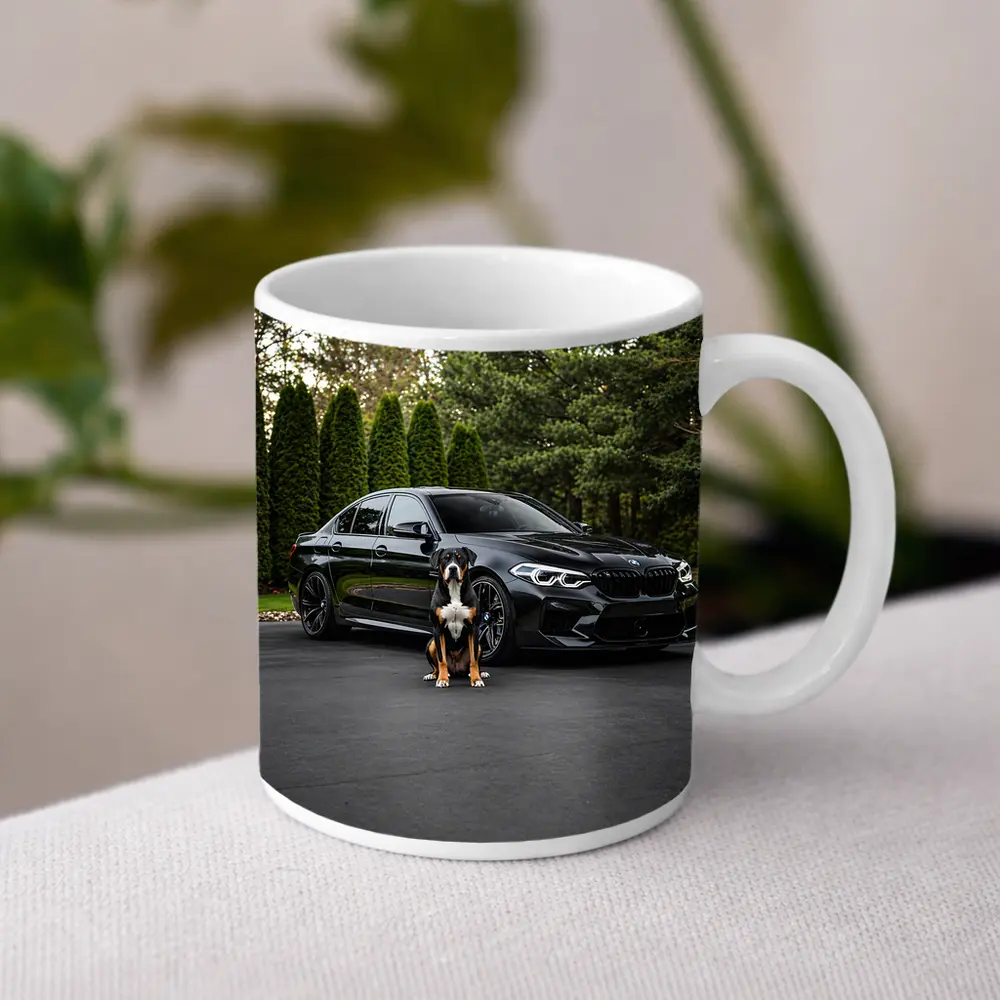 Black BMW M5 Sedan With Dog – Mugs
