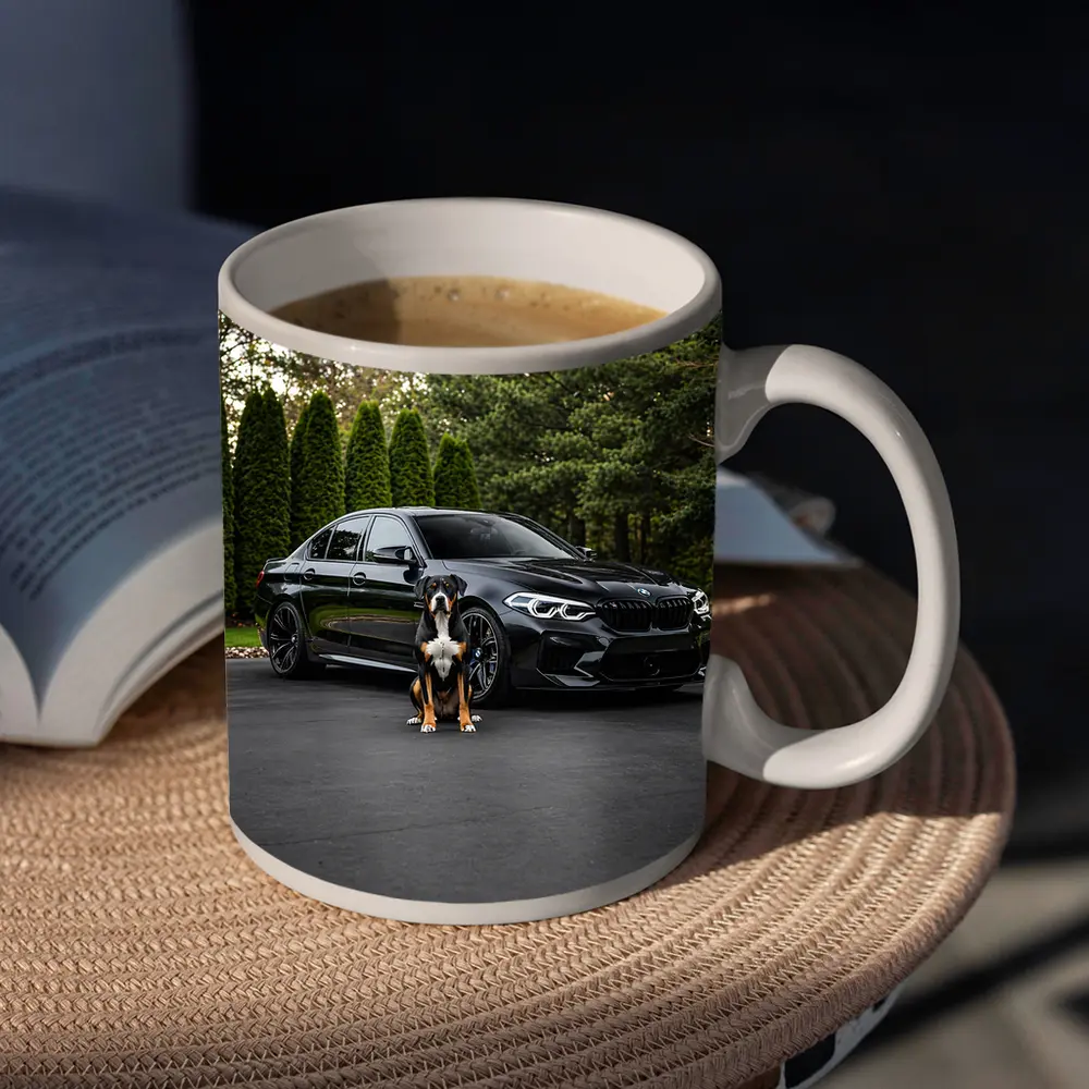 Black BMW M5 Sedan With Dog – Mugs
