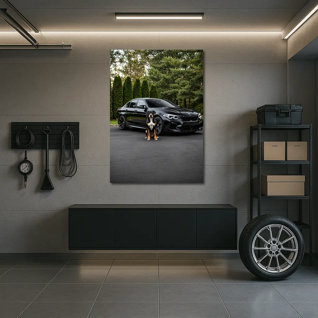 Black BMW M5 Sedan With Dog – Wall Art