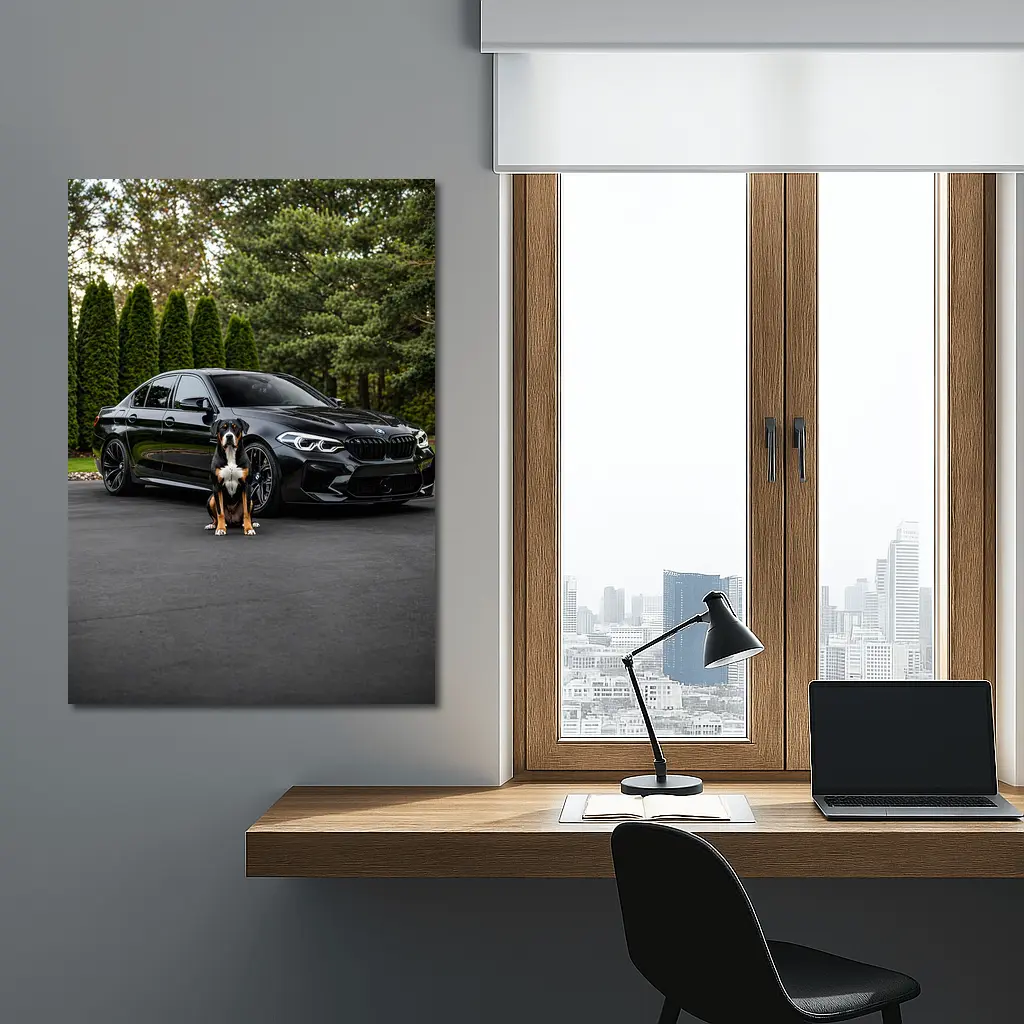 Black BMW M5 Sedan With Dog – Wall Art