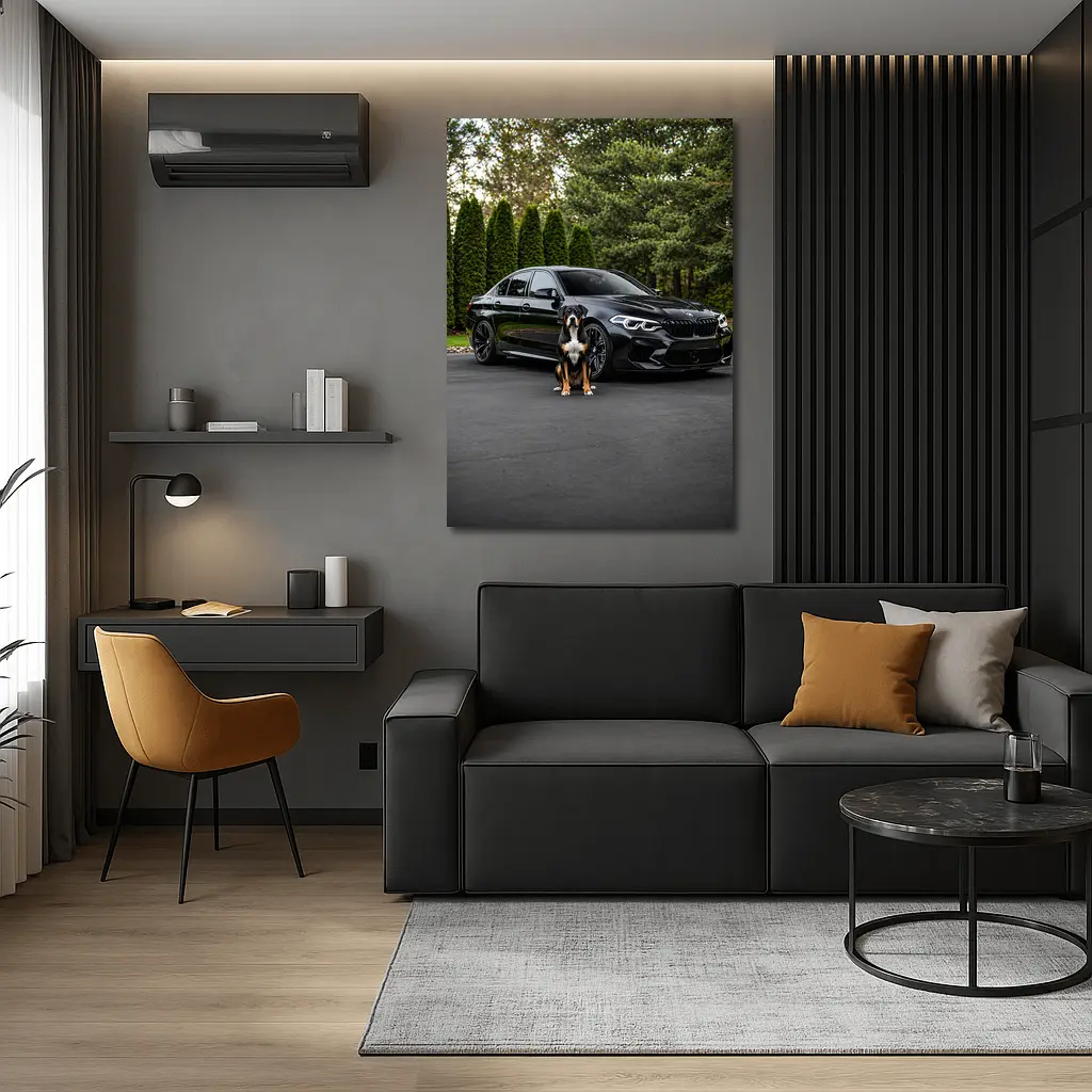 Black BMW M5 Sedan With Dog – Wall Art