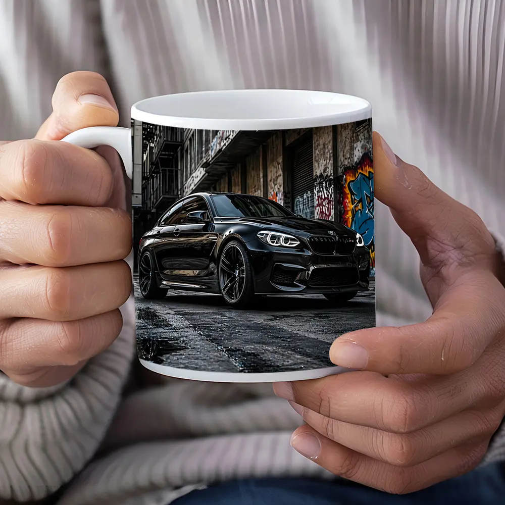 Black BMW M6 Parked in Urban Alley – Mugs
