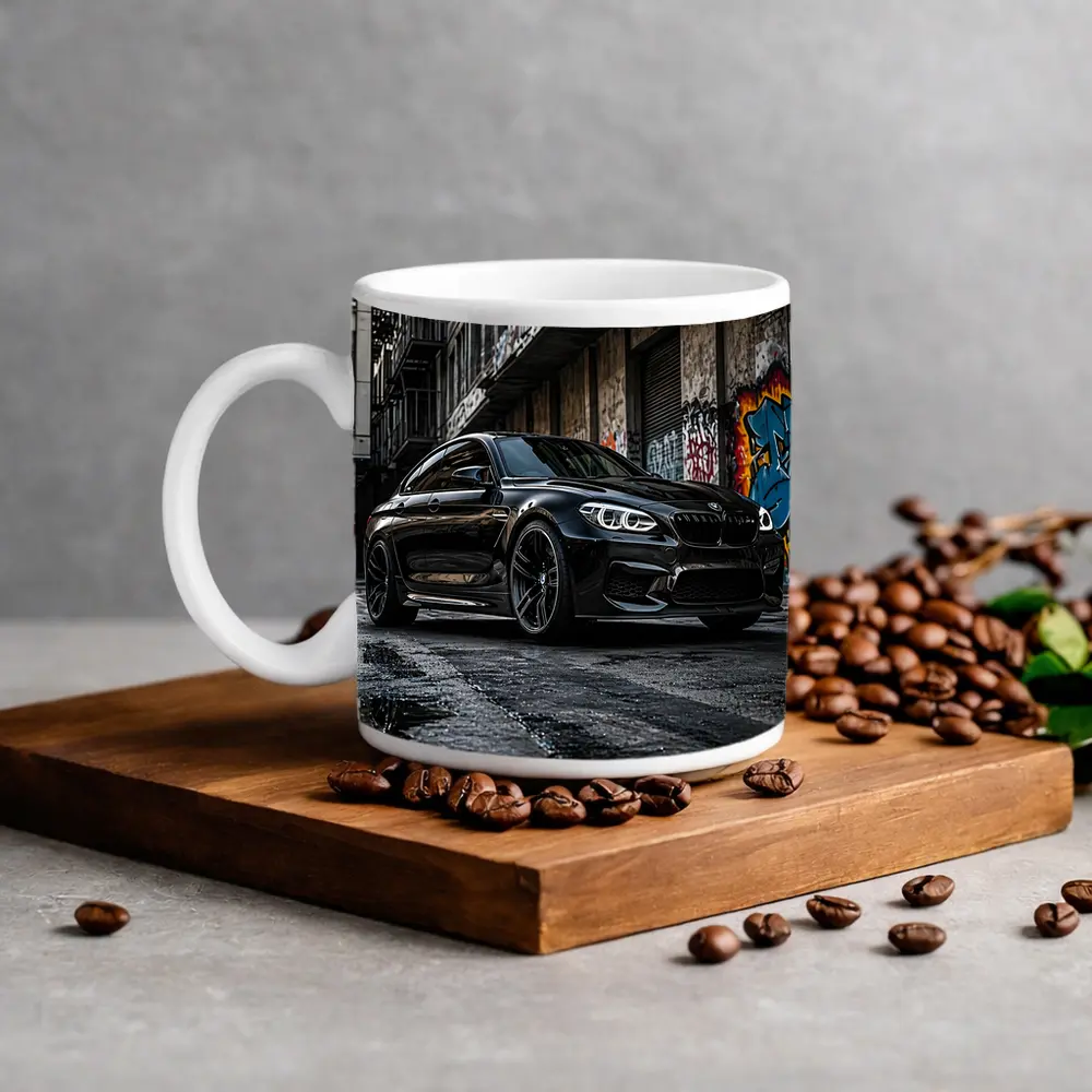 Black BMW M6 Parked in Urban Alley – Mugs
