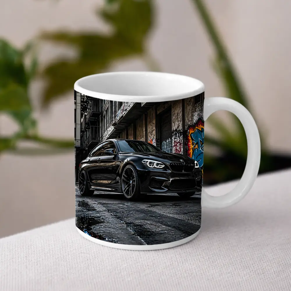 Black BMW M6 Parked in Urban Alley – Mugs