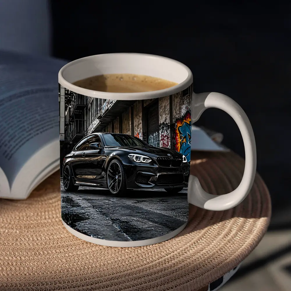 Black BMW M6 Parked in Urban Alley – Mugs