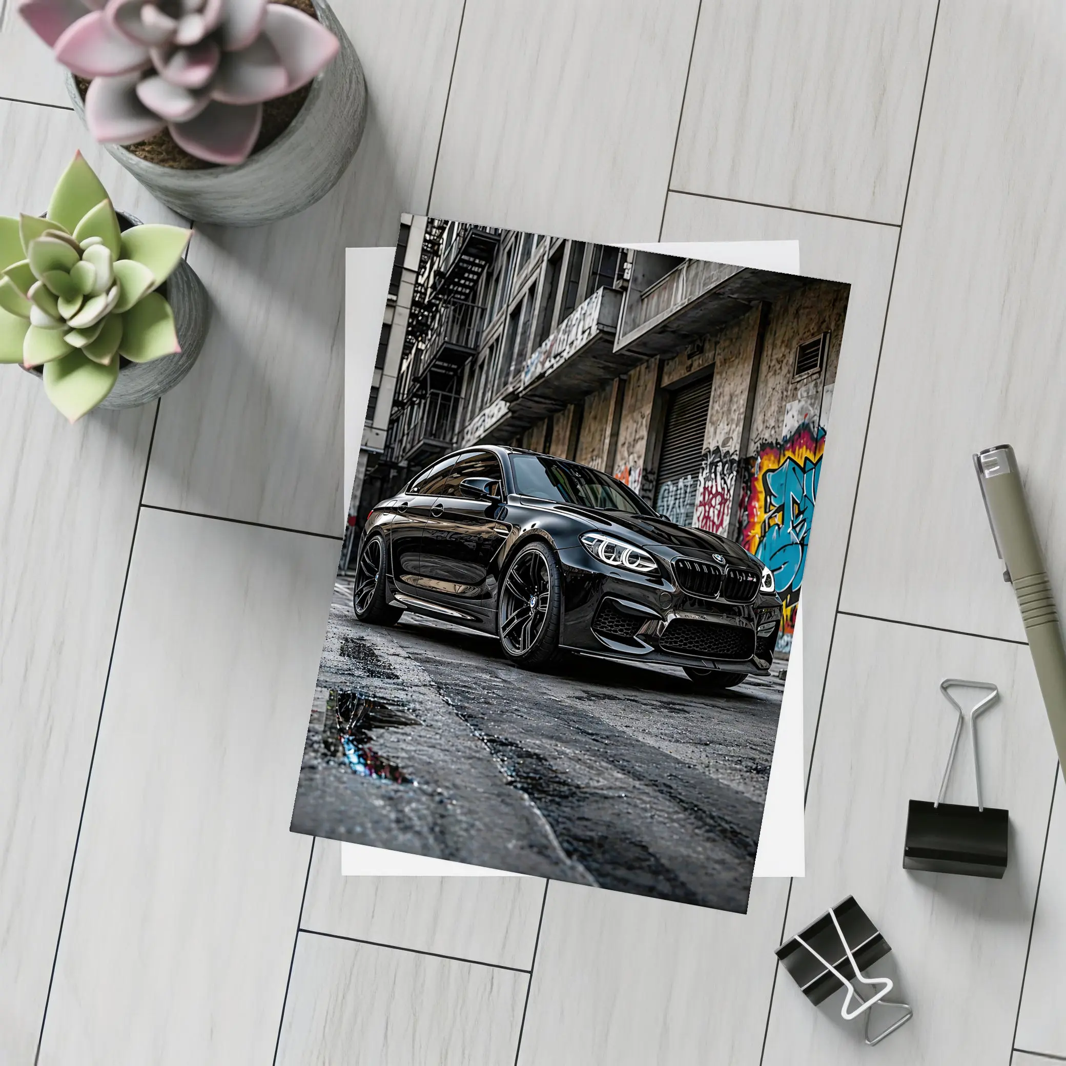 Black BMW M6 Parked in Urban Alley – Postcards
