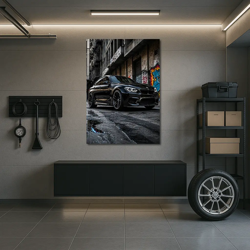 Black BMW M6 Parked in Urban Alley – Wall Art