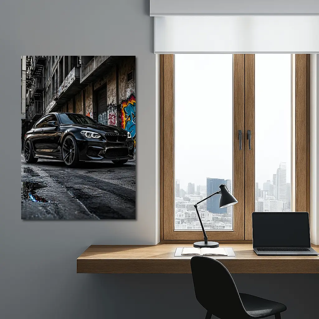 Black BMW M6 Parked in Urban Alley – Wall Art