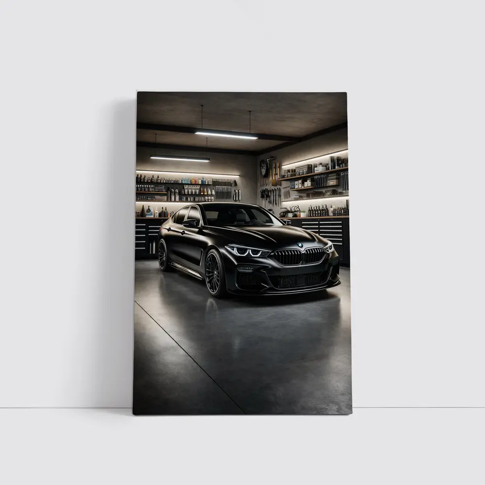 Black BMW Sedan Parked Inside Dark Garage – Wall Art