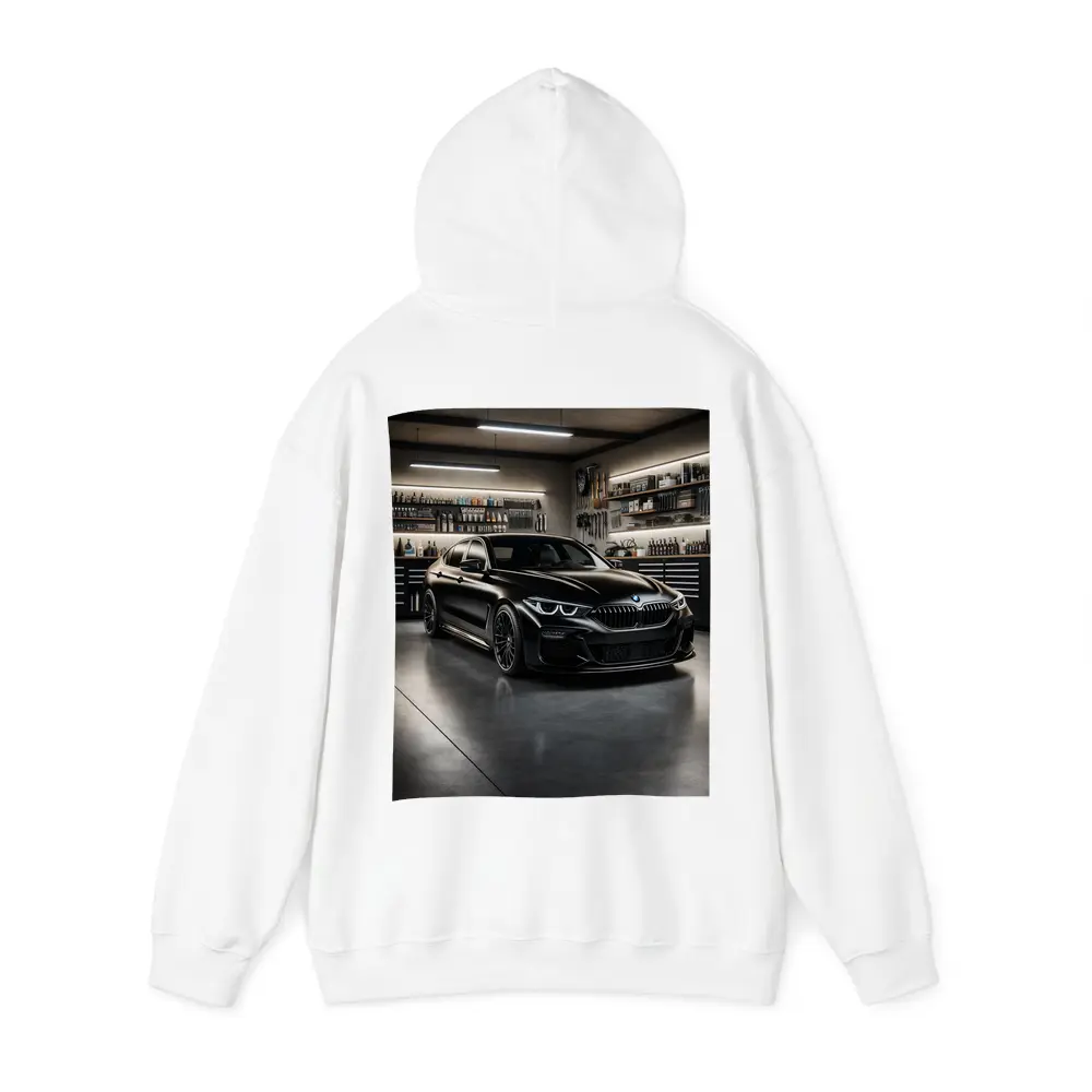Black BMW Sedan Parked Inside Dark Garage – Hoodies