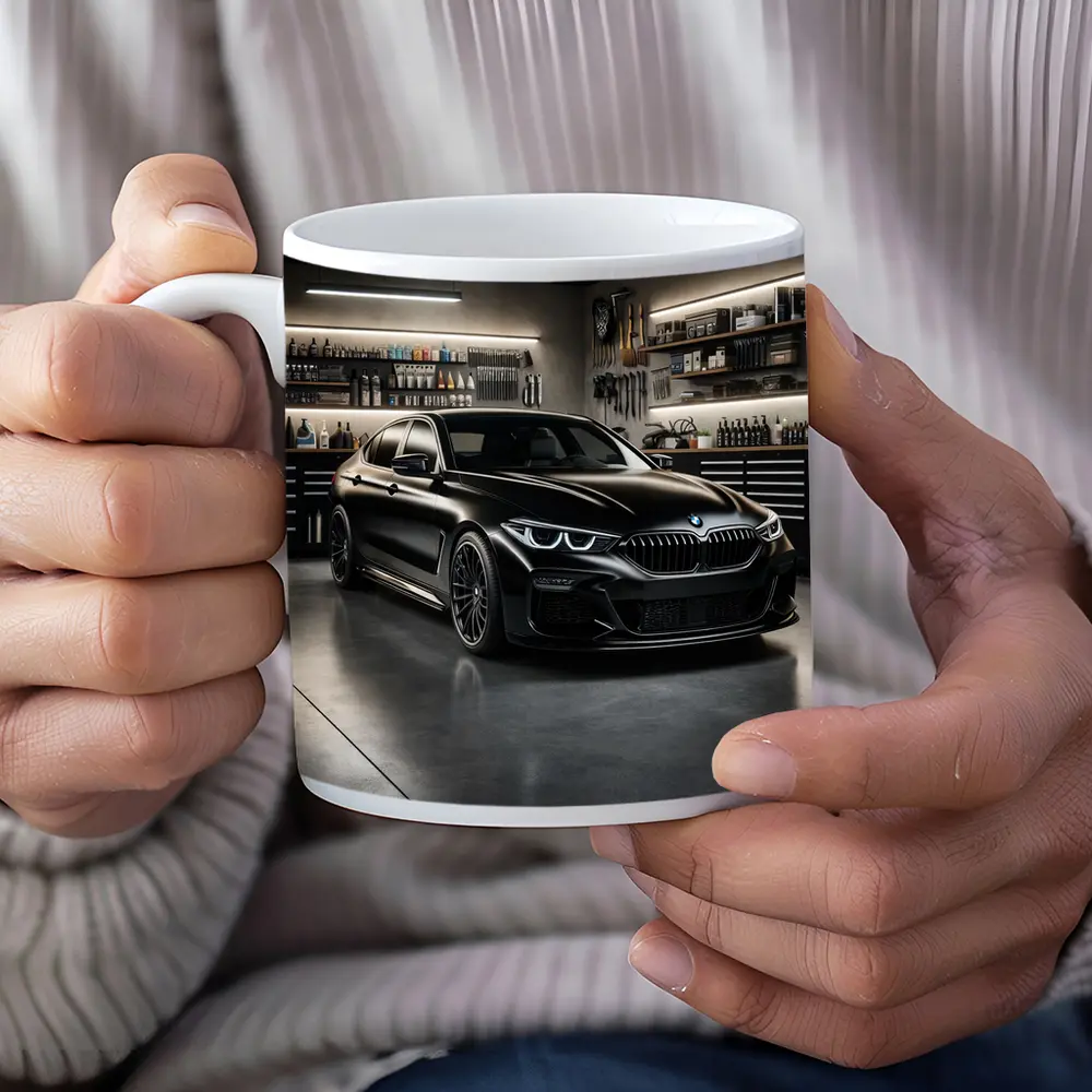 Black BMW Sedan Parked Inside Dark Garage – Mugs