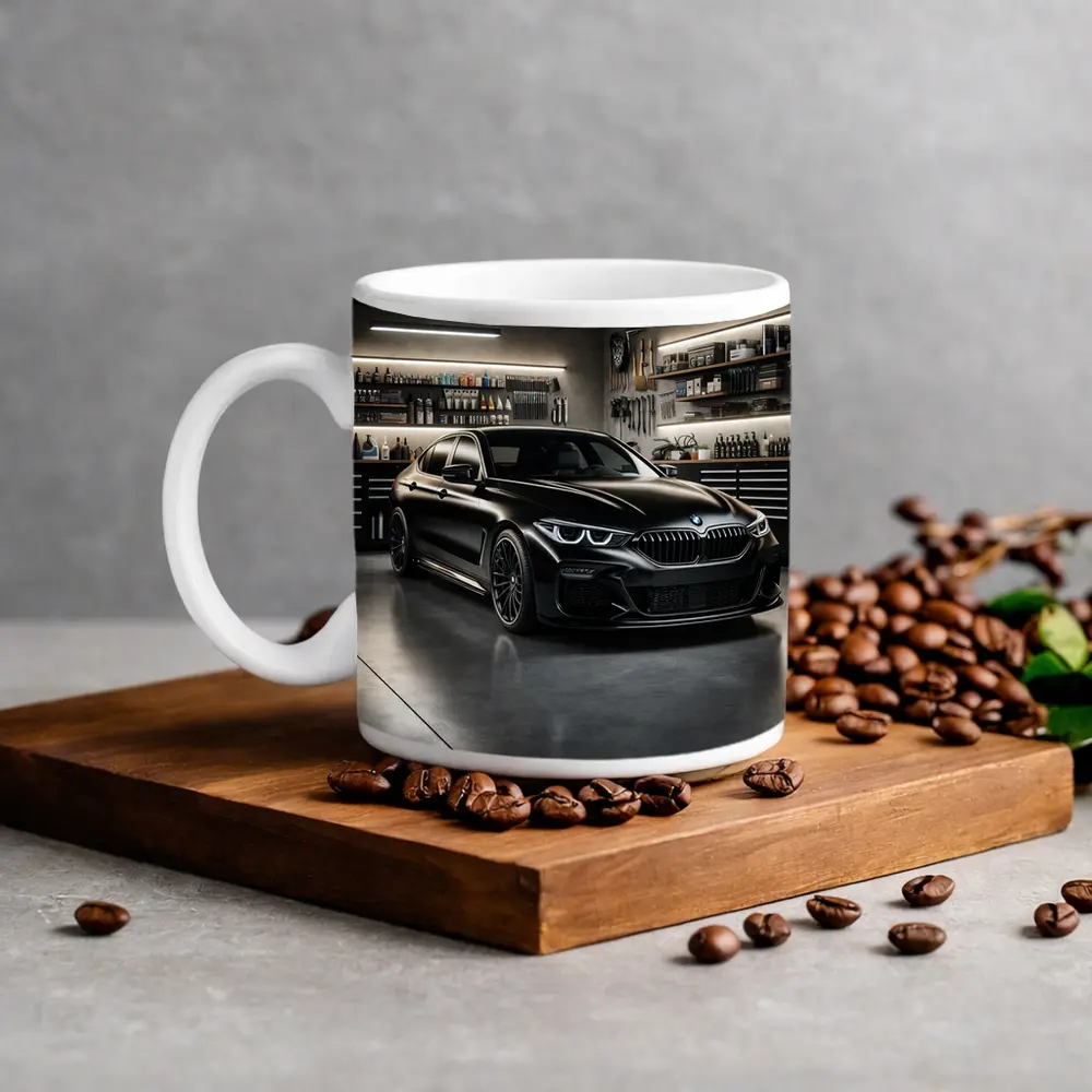 Black BMW Sedan Parked Inside Dark Garage – Mugs
