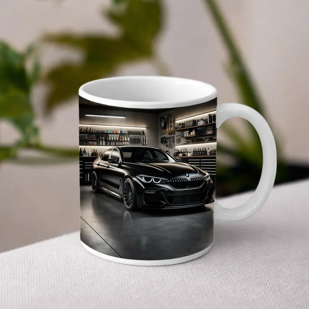 Black BMW Sedan Parked Inside Dark Garage – Mugs