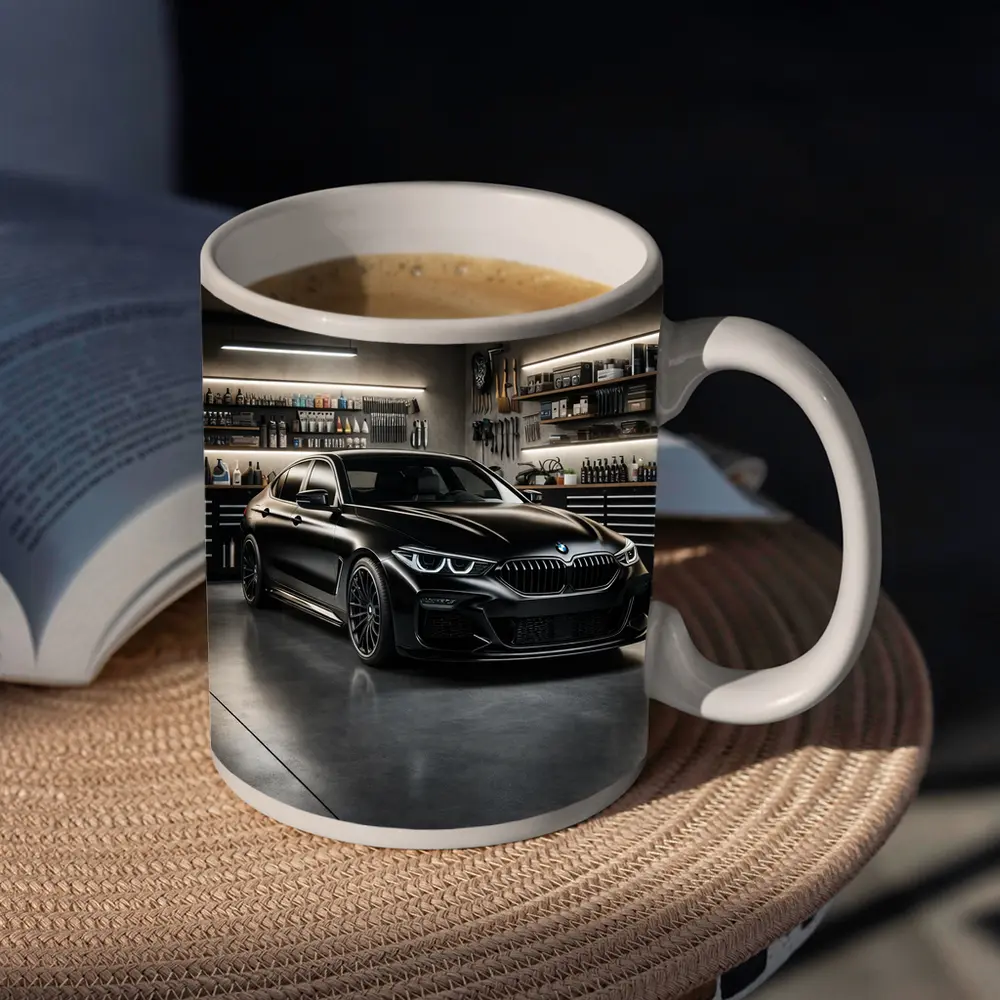 Black BMW Sedan Parked Inside Dark Garage – Mugs