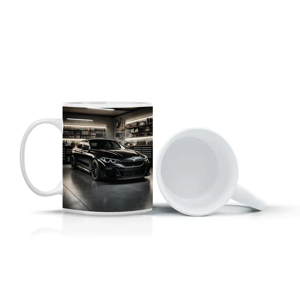 Black BMW Sedan Parked Inside Dark Garage – Mugs