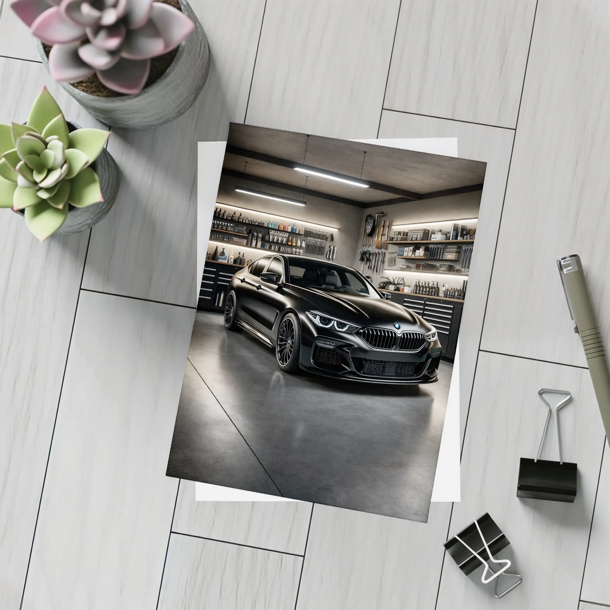Black BMW Sedan Parked Inside Dark Garage – Postcards