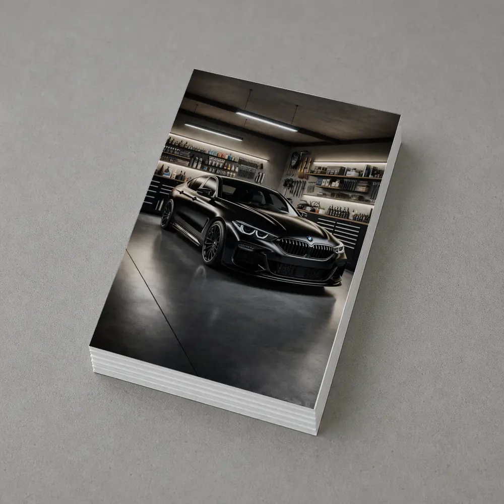 Black BMW Sedan Parked Inside Dark Garage – Postcards
