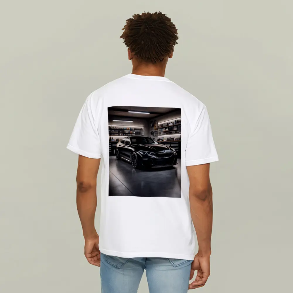 Black BMW Sedan Parked Inside Dark Garage – T-Shirts
