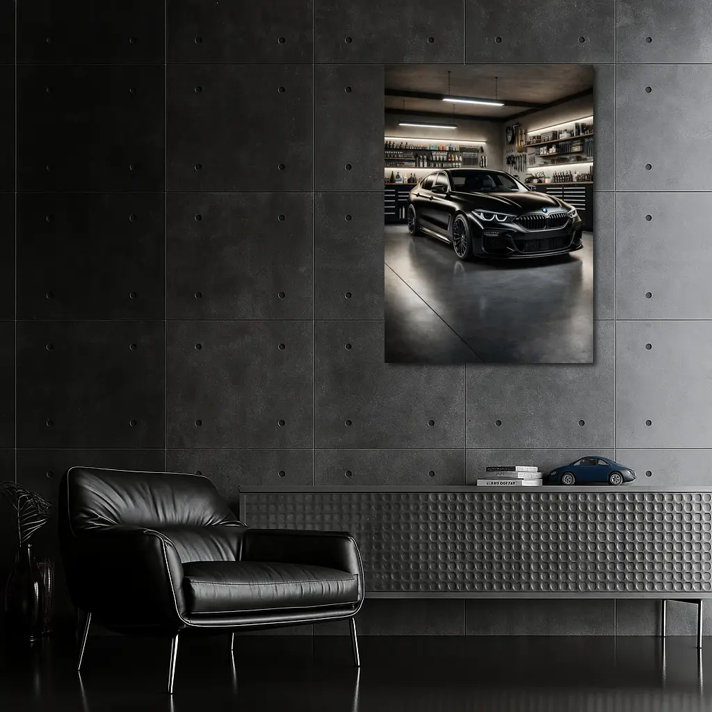 Black BMW Sedan Parked Inside Dark Garage – Wall Art