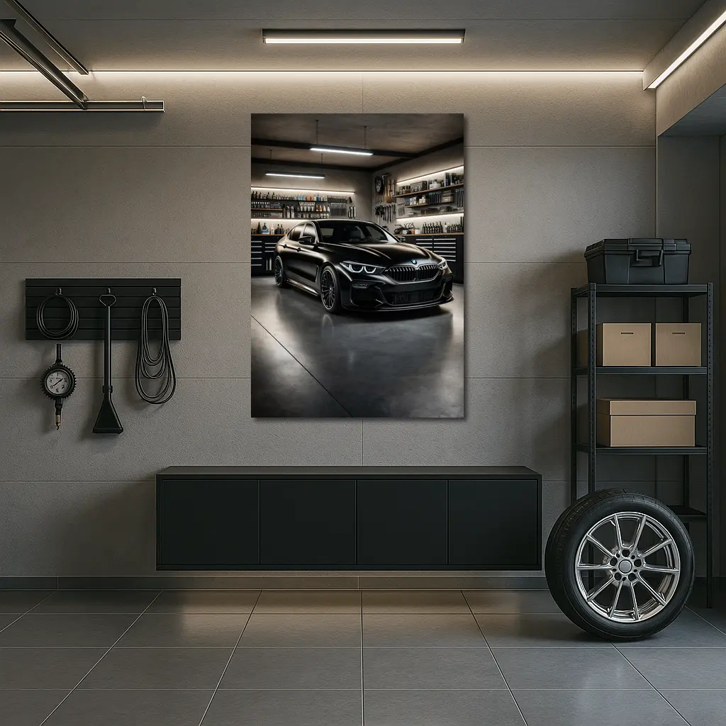 Black BMW Sedan Parked Inside Dark Garage – Wall Art