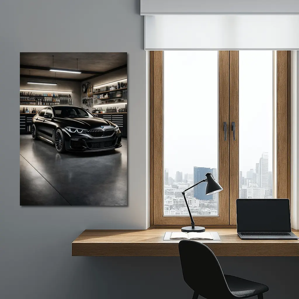 Black BMW Sedan Parked Inside Dark Garage – Wall Art