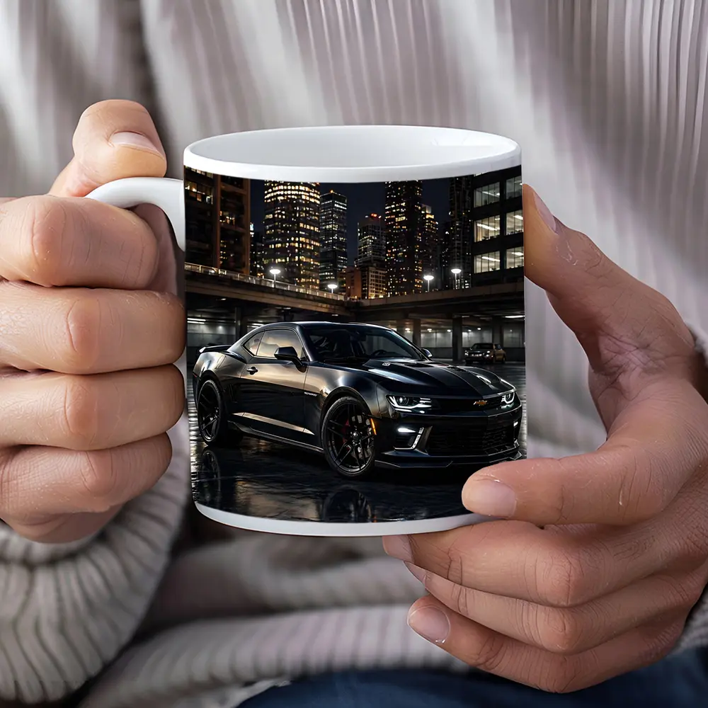 Black Chevrolet Camaro City Night Scene – Mugs