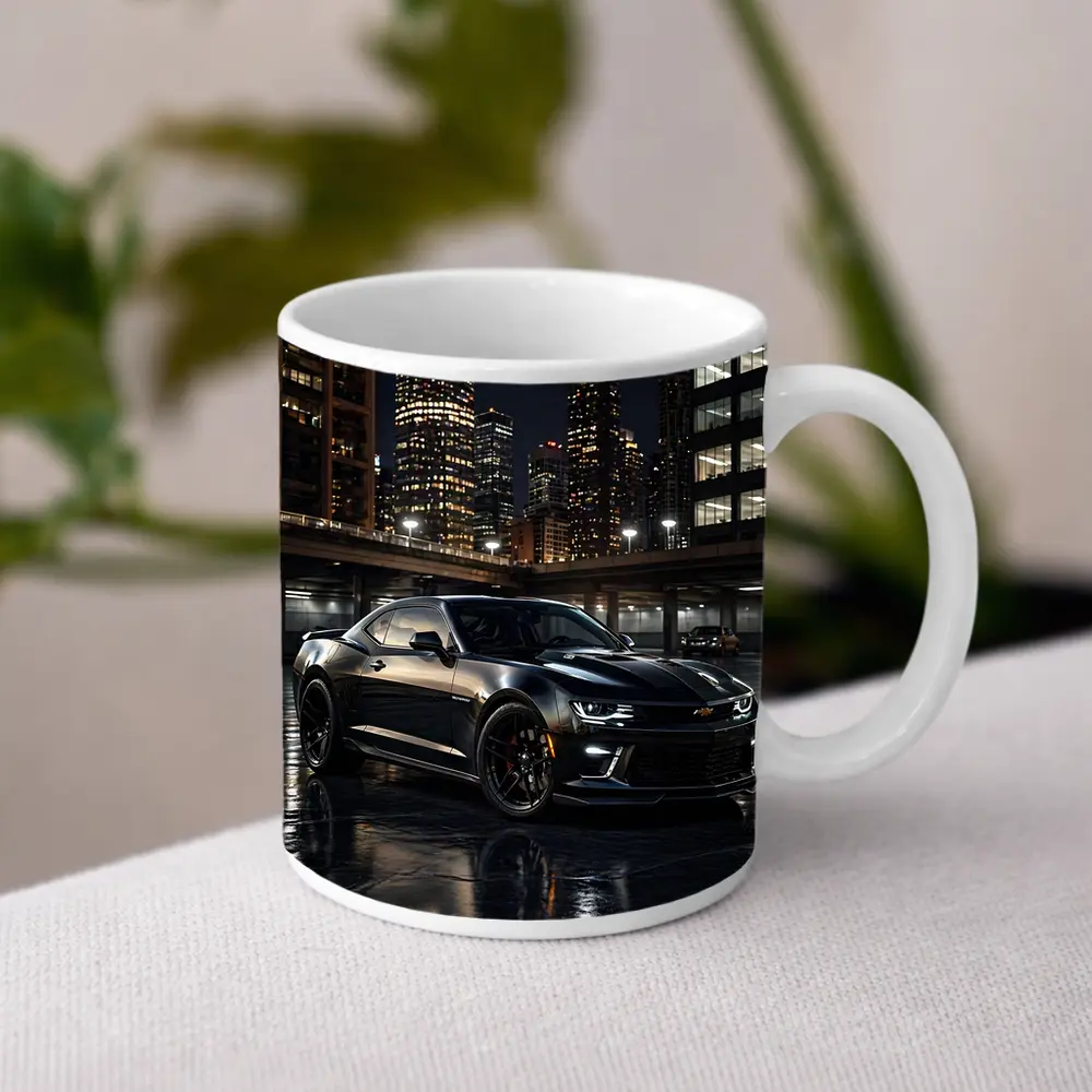 Black Chevrolet Camaro City Night Scene – Mugs