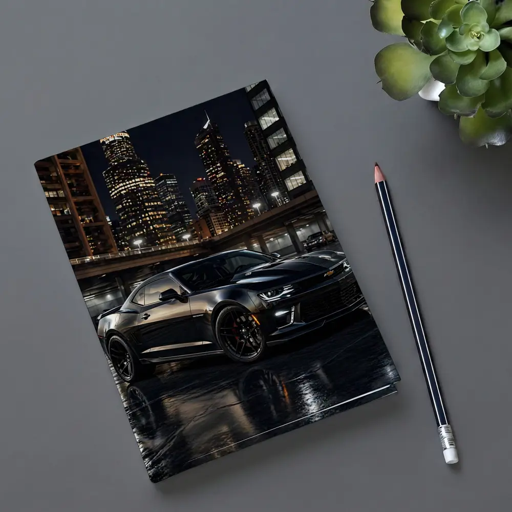 Black Chevrolet Camaro City Night Scene – Notebooks